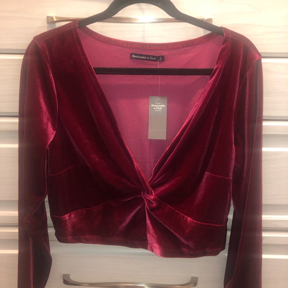 Deep red crushed velvet crop long sleeved top from Abercrombie size large